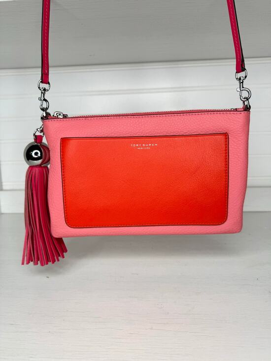 Tory Burch Handbags - Tory Burch Pebbled Leather Colorblock Crossbody Wallet Purse Pink Orange EUC